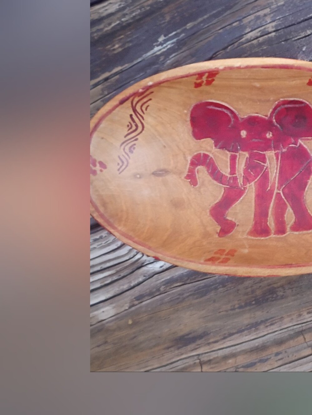 Hand-Carved Wooden Oval Bowl with Red Elephant Motif